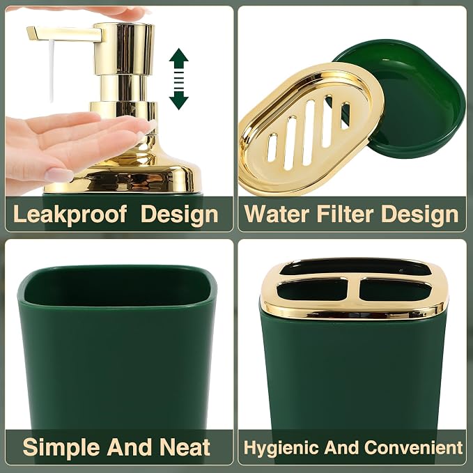 Bathroom Set Bathroom Accessories Set 8 Piece Green and Gold Bathroom Set - Image 2