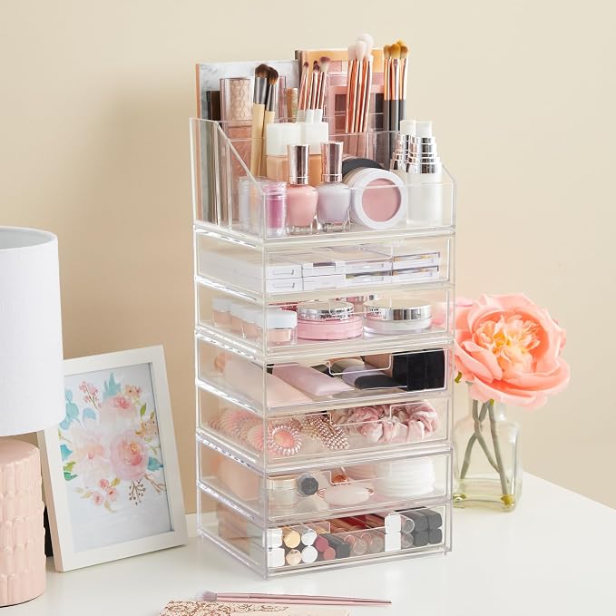 STORi Chloe Clear Plastic Stackable Desk Organizer, Rectangular 6-Compartment - Image 2