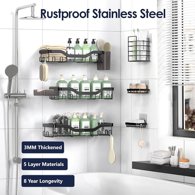 Shower Caddy Adhesive Shower Organizer 8-Pack, Rustproof Stainless Steel - Image 5