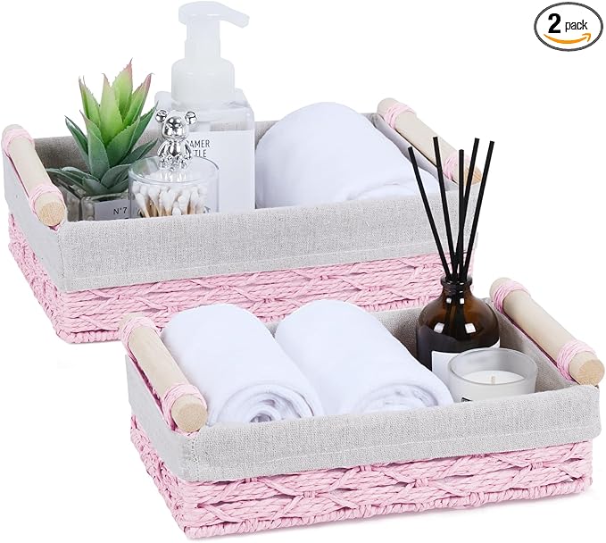 Wicker Storage Basket with Wooden Handle – Paper Rope Decorative Toilet Paper by Alongscenery