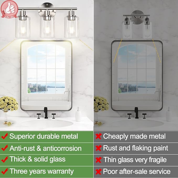 3-Light Bathroom Light Fixtures, Brushed Nickel Vanity Light, Farmhouse Wall - Image 3