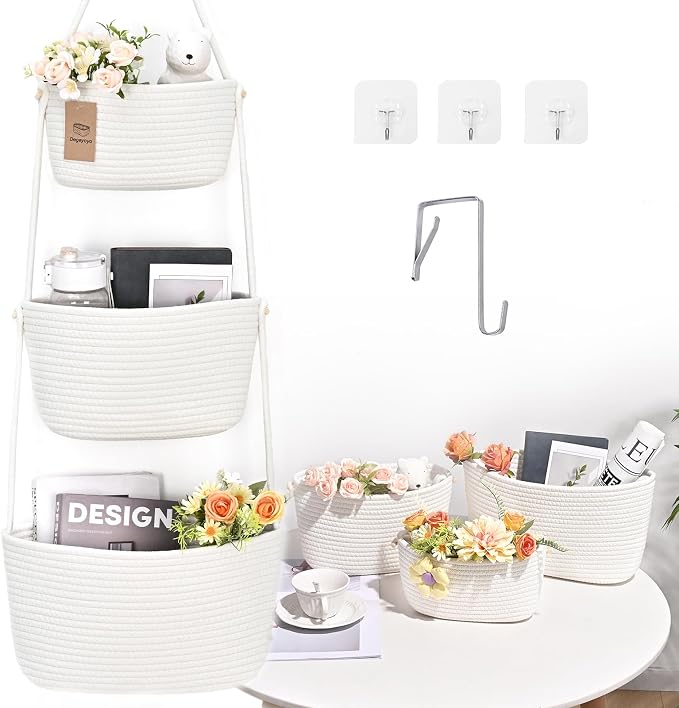 Hanging Storage Baskets, Over the Door Basket, Cotton Wall Baskets Storage by Degeyoyo