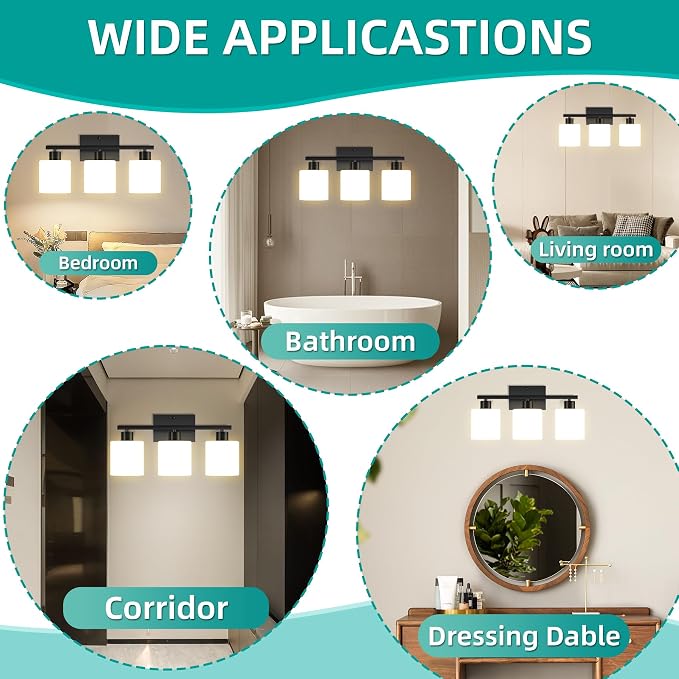 CANMEIJIA 3-Light Bathroom Vanity Light Fixtures, Matte Black Vanity Wall - Image 6