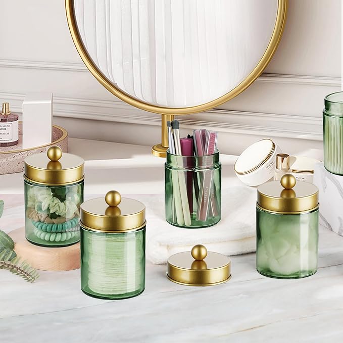 Amolliar Sage Green Glass Apothecary Jar, Qtip Holder Metal Lid & Stickers - Image 5