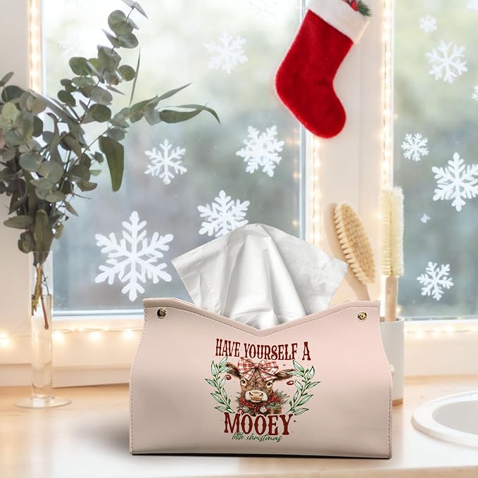 Christmas Highland Cows Tissue Box Cover Rectangle, Winter Bows PU Tissue - Image 2