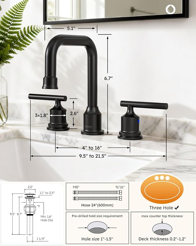 WOWOW Two Handles Widespread 8 inch Bathroom Faucet Black 3 Pieces Basin - Image 8