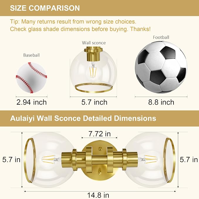Bathroom Sconces Set of Two, Brushed Gold Wall Sconces - Image 2