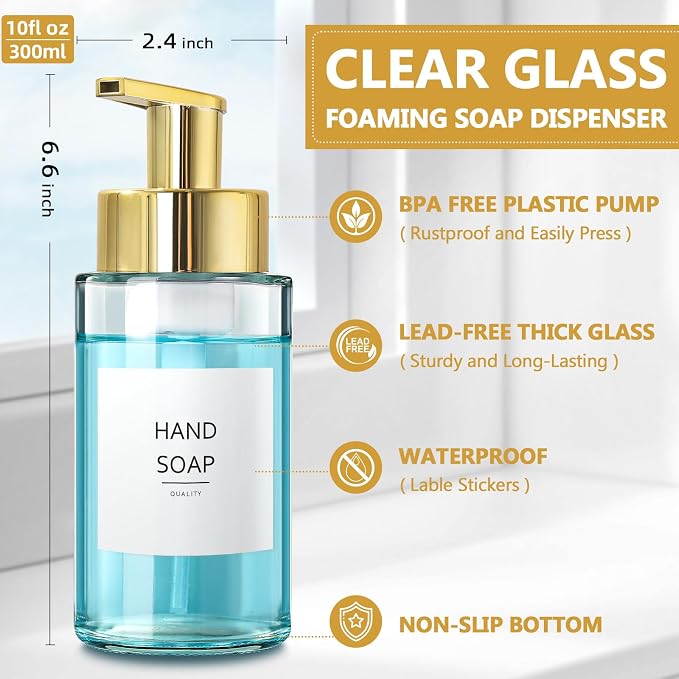 Foaming Soap Dispenser, 10 oz/300ml Gold Soap Dispenser, 2 Pack Glass Foaming - Image 3