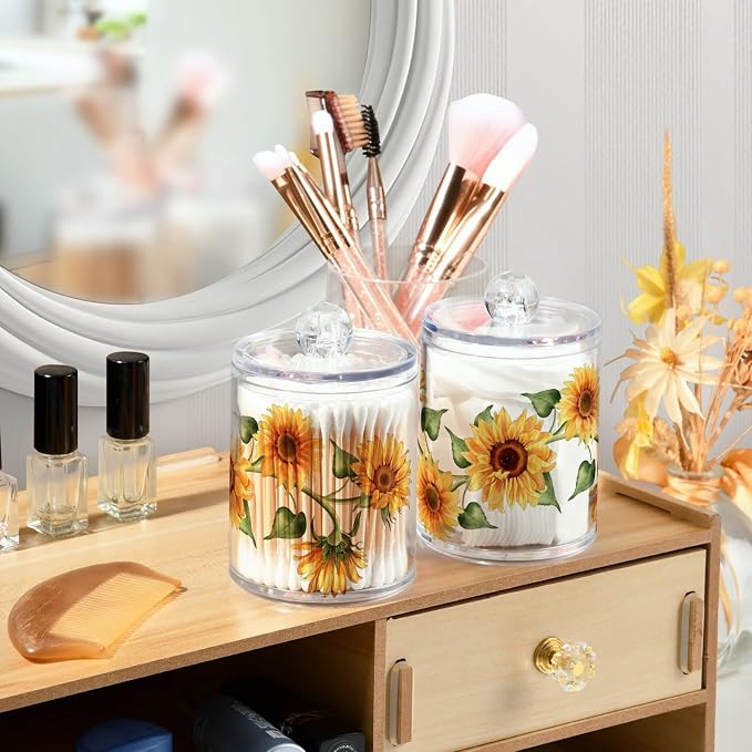 2 Pack Qtip Holder Dispenser for Cotton Ball Sunflower Wreath Cotton Swab Round - Image 6