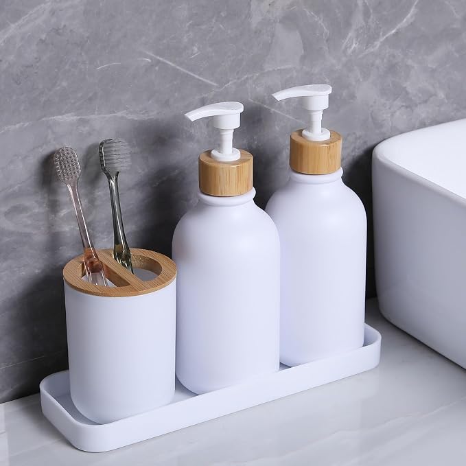 Matte White Bathroom Accessories Set 9PCS, Bamboo Bathroom Accessories Sets - Image 7