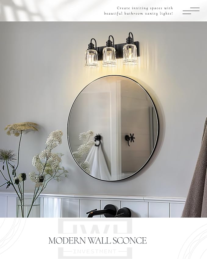 HWH INVESTMENT Bathroom Light Fixtures, 3-Light Matte Black Vanity Light - Image 5