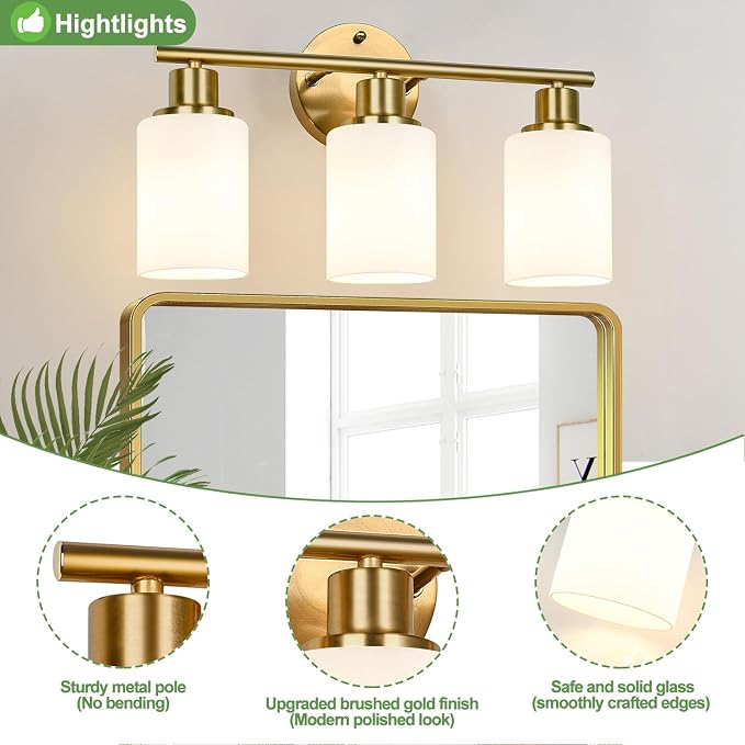 3-Light Bathroom Light Fixtures, Brushed Gold Vanity Light, Farmhouse Wall - Image 4