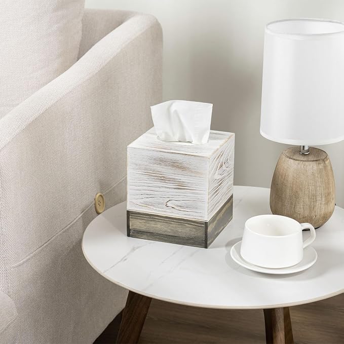 MyGift Coastal Chic Square Tissue Box Cover, Two-Tone Whitewashed Solid Wood - Image 4