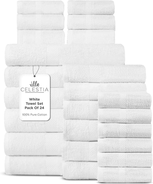 100% Cotton Bath Towel Set of 24-6 Bath Towels, 6 Hand Towels, 12 Wash Cloths by VillaCelestia