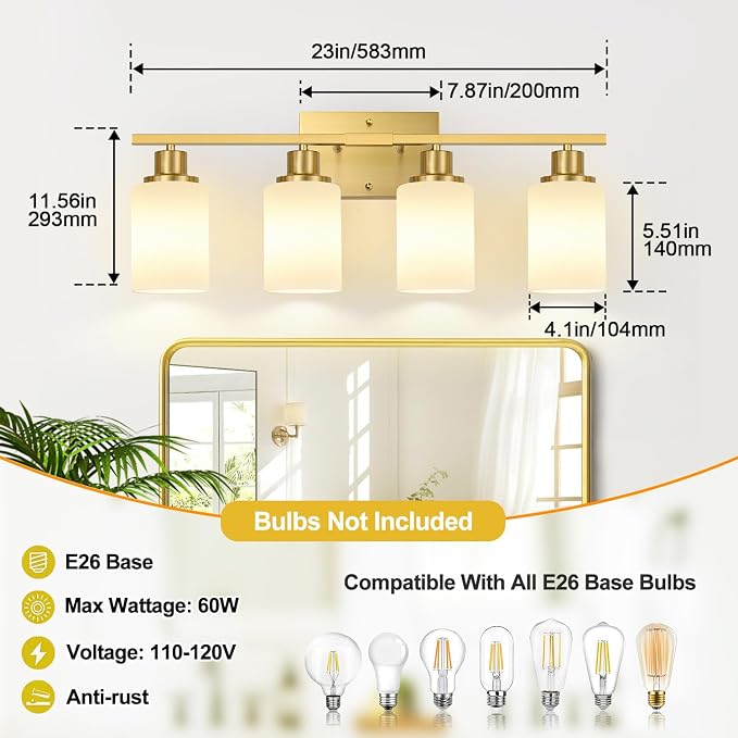 4-Light Bathroom Light Fixtures, Brushed Gold Vanity Lights - Image 8