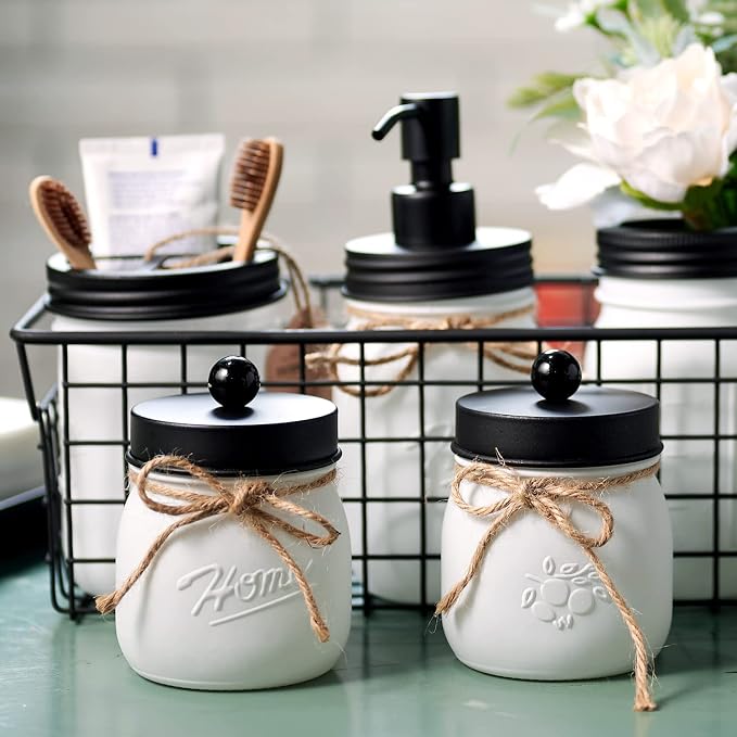 Amolliar Mason Jar Bathroom Accessories Set—White Retro Lotion Soap Dispenser & - Image 3