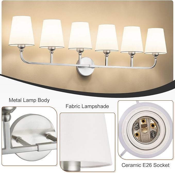 Bathroom Vanity Light, Brushed Nickel Bathroom Light Fixtures, 6-Light Lighting - Image 7