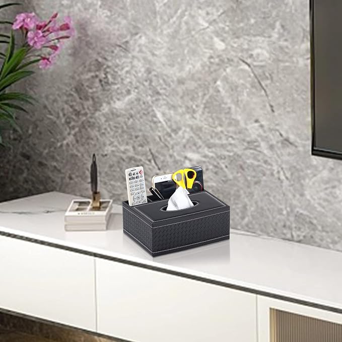 Tissue Box Cover Rectangle Black Tissue Box Holder PU Leather Facial Tissue - Image 9