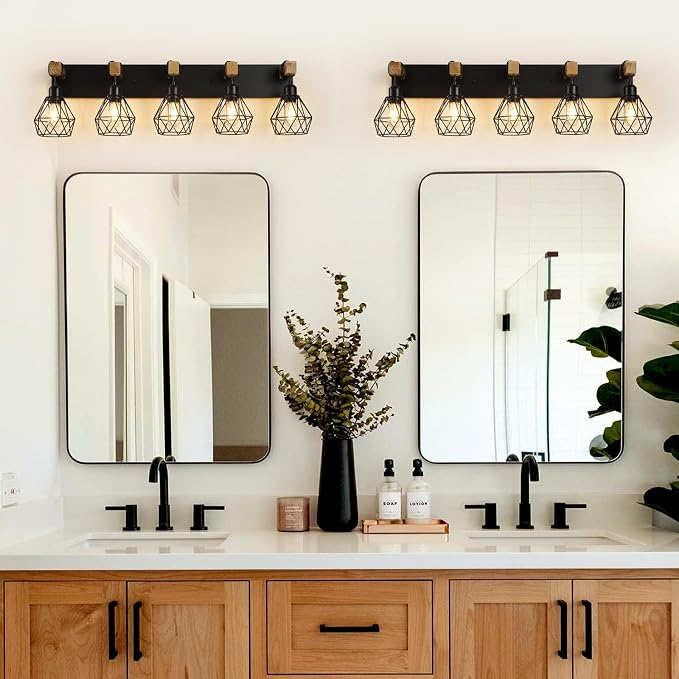 5-Light Farmhouse Bathroom Vanity Light Fixtures, Wood Bathroom Light Fixtures - Image 5