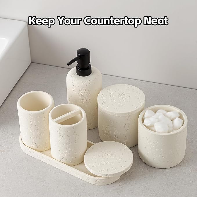 Bathroom Accessories Set, Travertine Stone-Look, Toothbrush Holder, Vanity Tray - Image 2