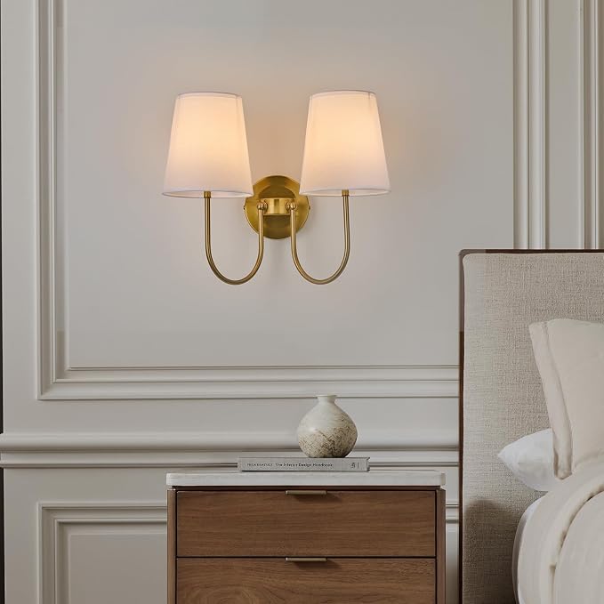 Hardwired White Fabric 2 Light Wall Sconce – Double Headed Cloth Shade Fixture - Image 6