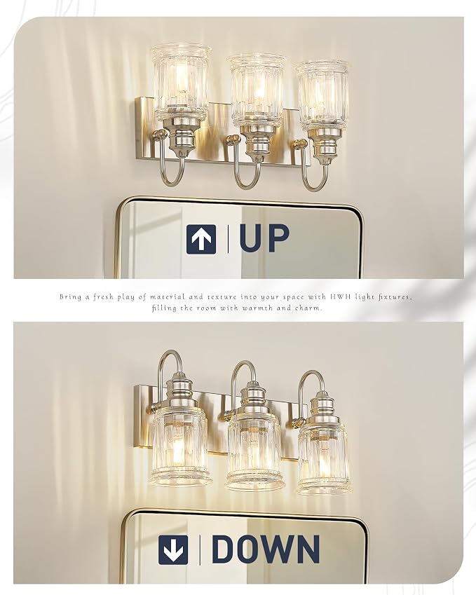 Bathroom Light Fixture, HWH 3-Light Vanity Light Brushed Nickel Modern Bathroom - Image 4