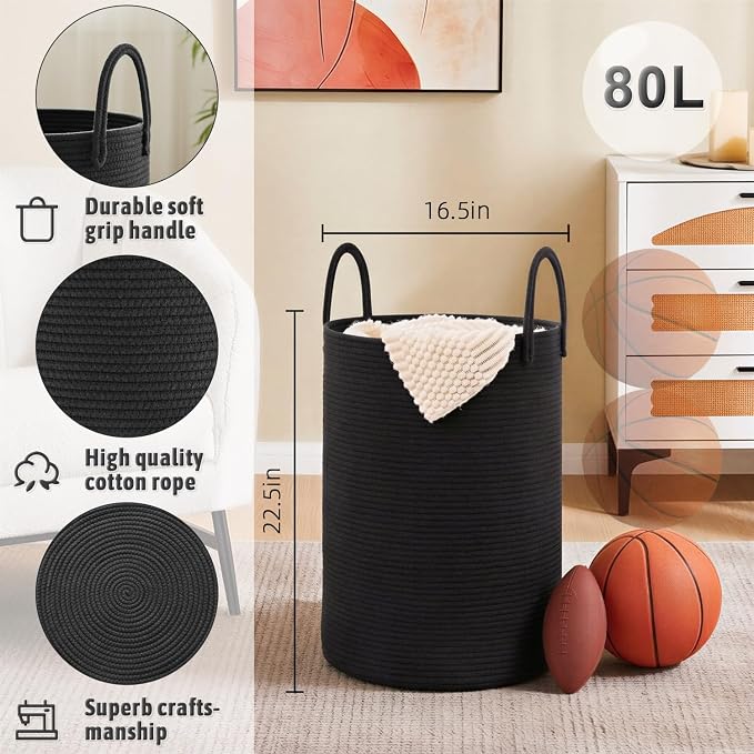 Laundry Basket, Woven Cotton Rope Laundry Hamper, 80L - Image 6