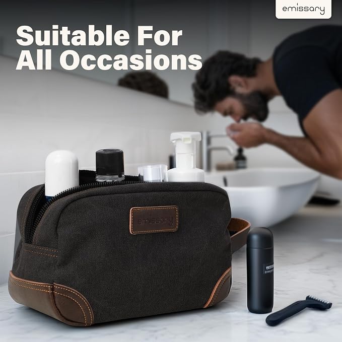 emissary Men's Toiletry Bag, Leather and Canvas Travel Toiletry Bag, Dopp Kit - Image 7