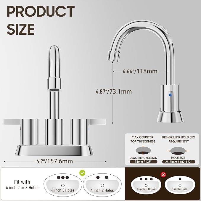 Phiestina 4 Inch Centerset 2 or 3 Holes 2 Handle Chrome Lead-Free Bathroom - Image 9