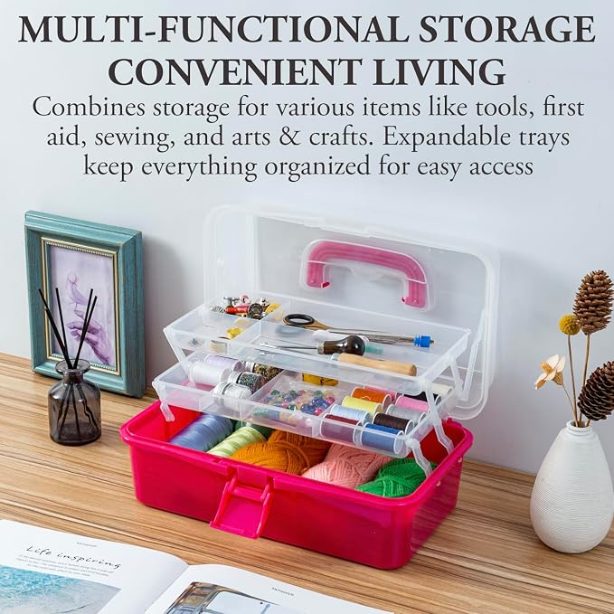 MyGift 13-Inch Dark Pink Plastic Craft Organizer and Storage Box – Clear - Image 2