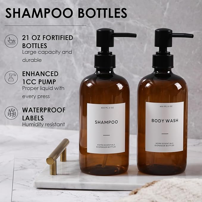 HOMCDALY Shampoo and Conditioner Dispenser, 21oz 3-Pack Refillable Shampoo and - Image 3