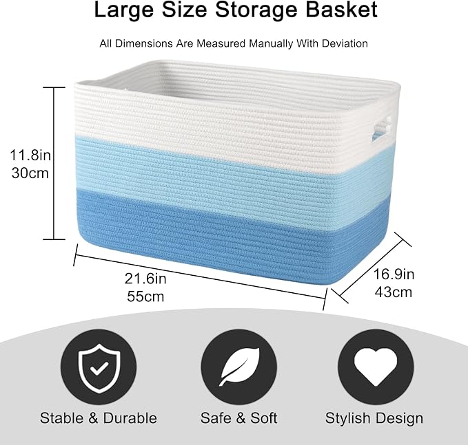 OIAHOMY Large Blanket Basket, 22”x17”x12” Rectangle Woven Baskets, Nursery - Image 3