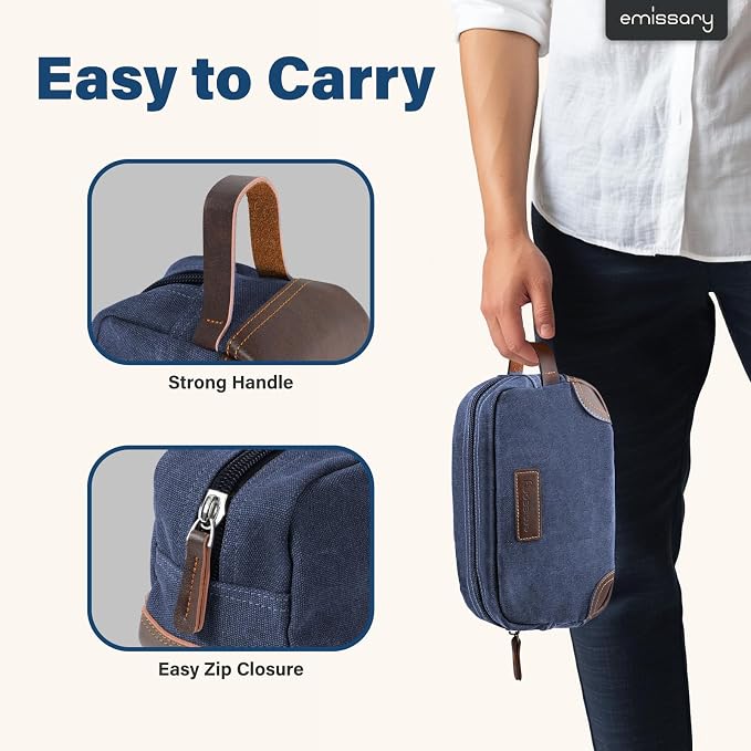 emissary Men's Toiletry Bag, Leather and Canvas Travel Toiletry Bag, Dopp Kit - Image 3