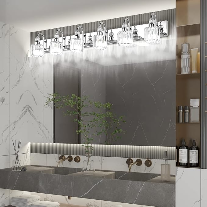 Ralbay 6-Lights Stainless Steel Crystal Bathroom Vanity Lights Over Long Mirror - Image 5