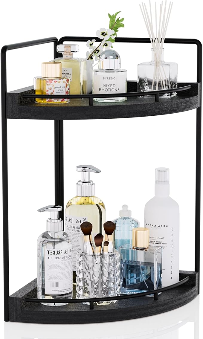 Corner Bathroom Counter Organizer, 2 Tier Wood Vanity Storage, Waterproof by CeleVista