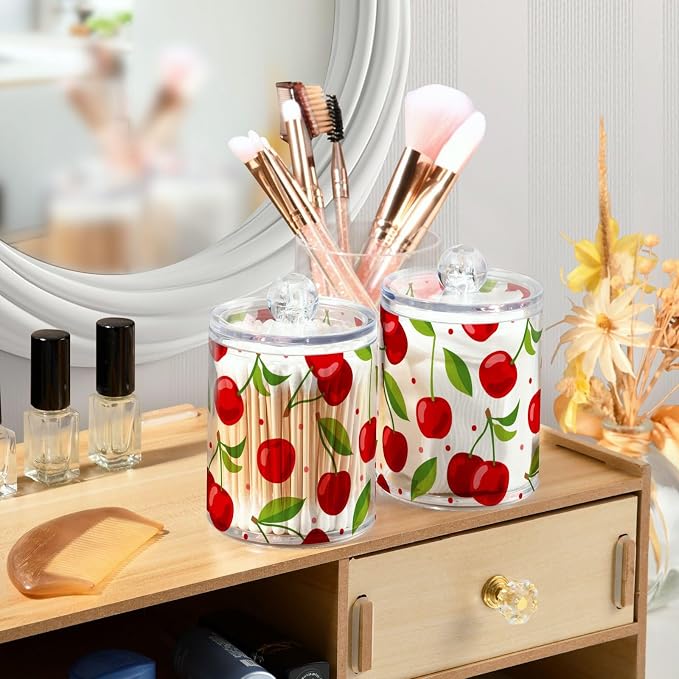 2 Pack Qtip Holder Dispenser for Cotton Ball Cherry Fruits Cotton Swab Round - Image 6