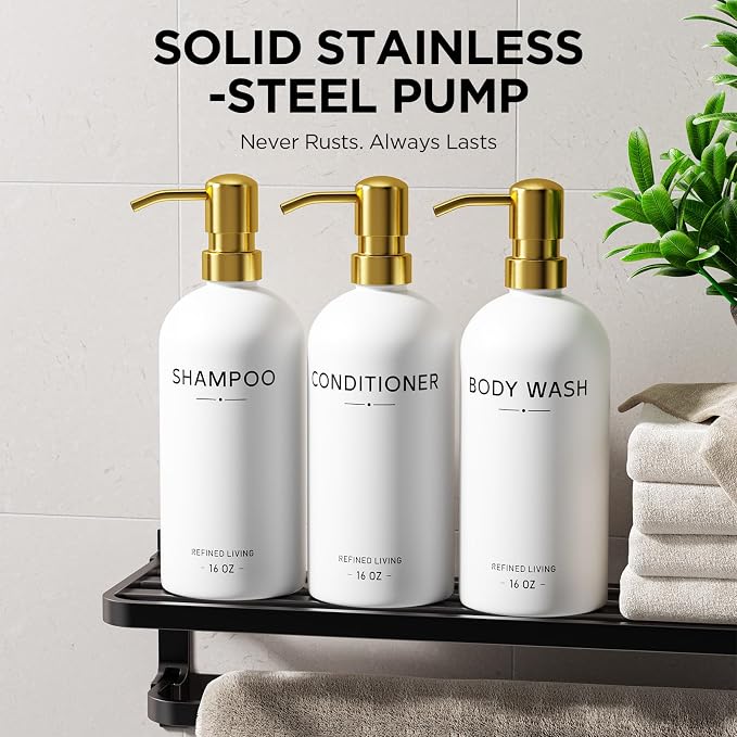 Shampoo and Conditioner Dispenser Set, 3 Refillable 16oz Bottles - Image 7