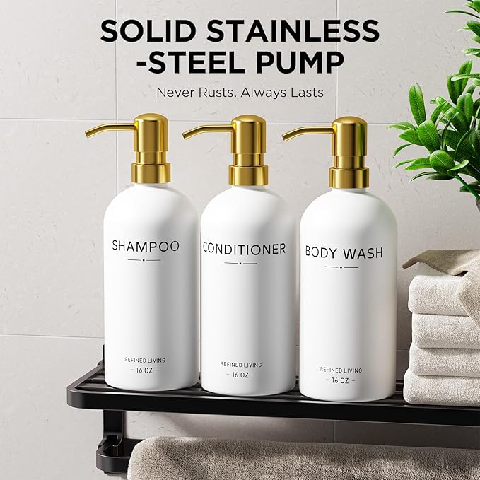 Shampoo and Conditioner Dispenser Set, 3 Refillable 16oz Bottles - Image 4
