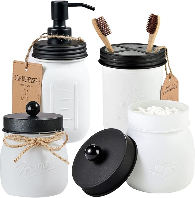 Amolliar Mason Jar Bathroom Accessories Set—White Retro Lotion Soap Dispenser & by Amolliar