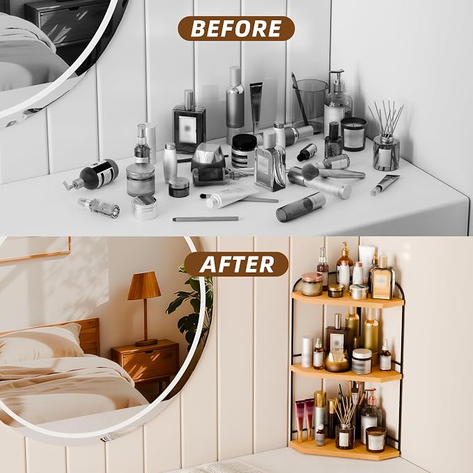 Corner Bathroom Counter Organizer, 3-Tier Wood Countertop Organizer - Image 7
