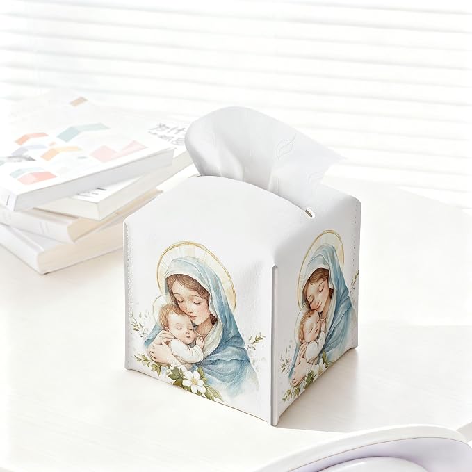 Holy Infant & Virgin Mary Square Tissue Box Cover, PU Leather Drawstring Bottom - Image 4