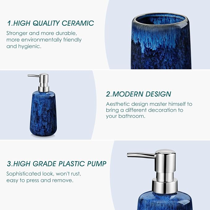 vancasso Blue Bathroom Accessories Set, Ceramic Soap Dispenser and Toothbrush - Image 3
