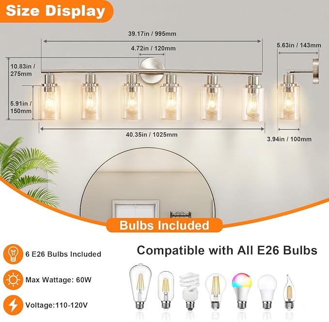DLLT 6-Light Bathroom Light Fixtures: Nickel Modern Vanity Lights - Image 6