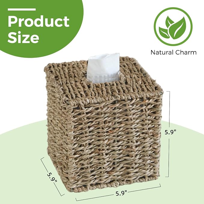 Seagrass Tissue Box Cover, Wicker Tissue Box Holder Square, Hand Woven Cube - Image 3