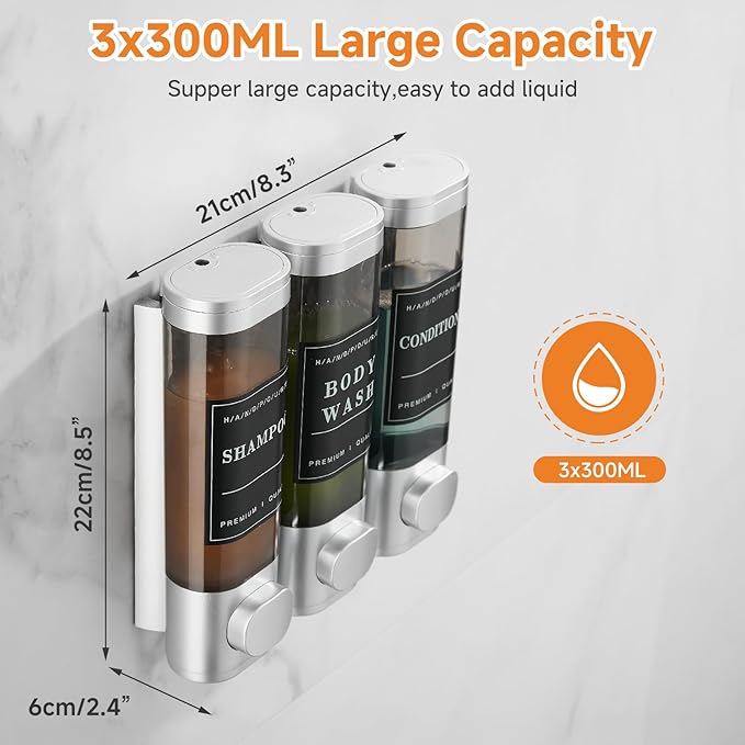Shampoo and Conditioner Dispenser, Shower Dispenser 3 Chamber No Drill - Image 3