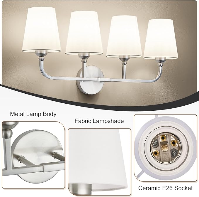 Bathroom Vanity Light, Brushed Nickel Bathroom Light Fixtures, 4-Light Lighting - Image 7
