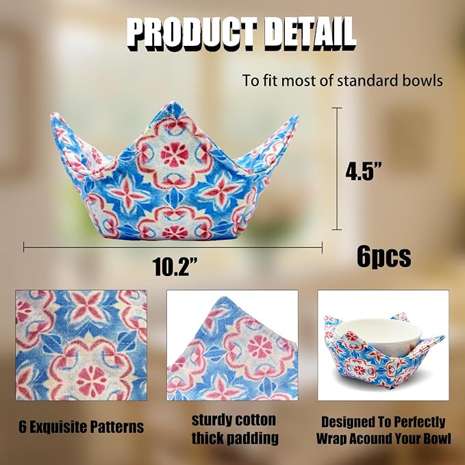 Cotton Microwavable Bowl Cozy ，Set of 6，Microwave-Safe Hot Bowl Holders - Image 3