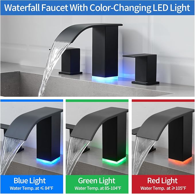 RUMOSE LED Bathroom Faucets Set Matte Black 8 inch Bathroom Sink Faucet 3 Hole - Image 4