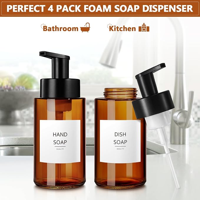 Amber Foam Soap Dispenser, 10 oz/300ml Glass Foaming Soap Dispenser, Refillable - Image 2
