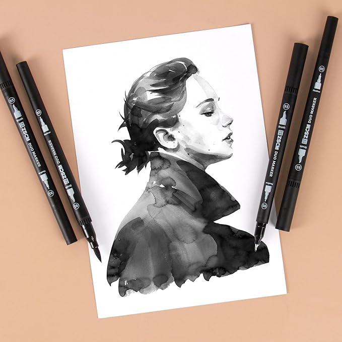 Black Duo Tip Marker Pens, 12 Pack Fine & Brush Markers - Image 4
